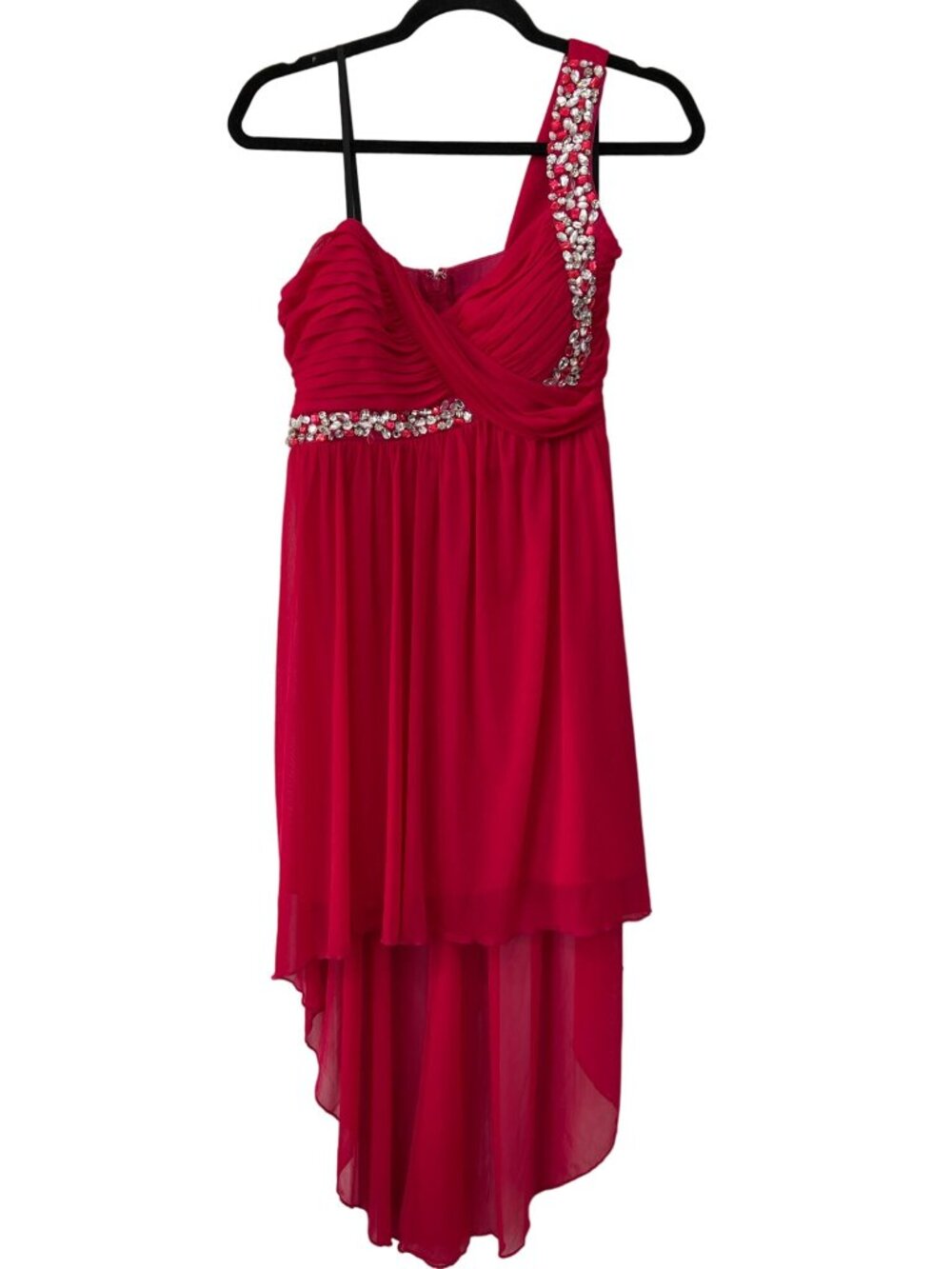 Jodi Kristopher OneShoulder Embellished Pink Dress Size 7 Asymmetrical Hem Polye